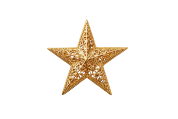 Ornate golden five pointed star with intricate filigree patterns on black image