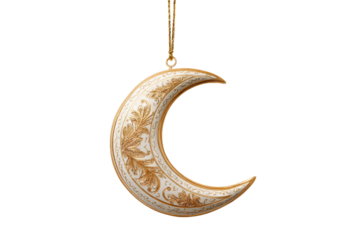 Ornate gold and white crescent moon ornament hanging on gold chain image