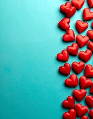 Red candy hearts arranged against a vibrant turquoise background, creating a lovely and romantic composition