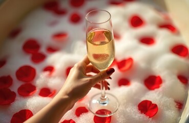 Woman hand holds champagne glass in bathtub with foam and red rose petals. Enjoying luxury spa treatment and relaxation at home. Indulgent bath time.