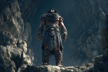 Mythical Cyclops Giant with Single Eye Standing in Ancient Rocky Valley Landscape
