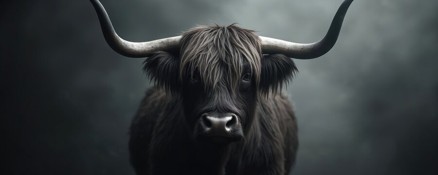 Close up of dark shaggy highland cow facing forward with long curved horns. Its fur is thick and dark brown, blending into a muted, overcast sky. The bovine animal has a calm, intense gaze.