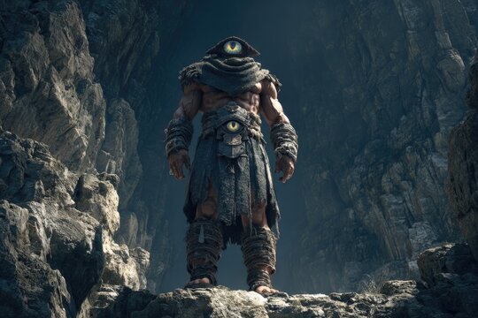 Mythical Cyclops Giant with Single Eye Standing in Ancient Rocky Valley Landscape
