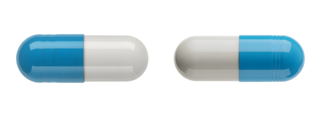 Blue and white medicine capsules isolated on transparent background