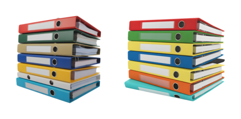 Colorful office ring binders stacked for document organization isolated on transparent background
