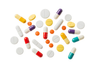 Colorful medicine pills and capsules assortment isolated on transparent background