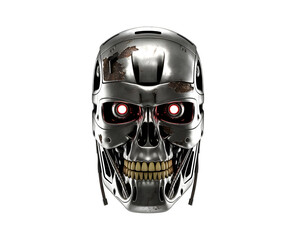 Futuristic robotic skull with glowing red eyes isolated on transparent background