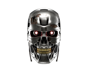 Futuristic robotic skull with glowing red eyes isolated on transparent background