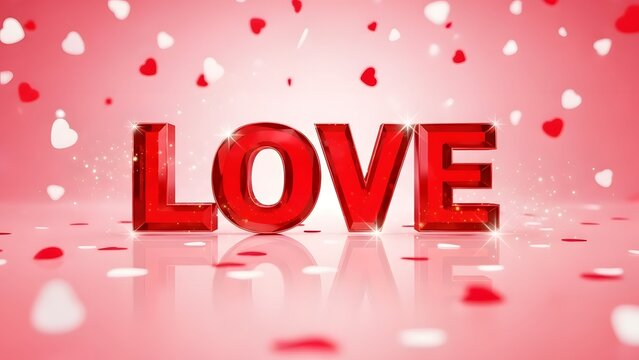 Valentine's day celebration with red love text and heart petals