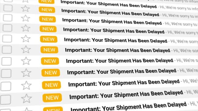 Shipment Has Been Delayed notifications appear repeatedly in an animated email inbox. Ideal for illustrating logistics problems, e-commerce challenges, or customer service communication.