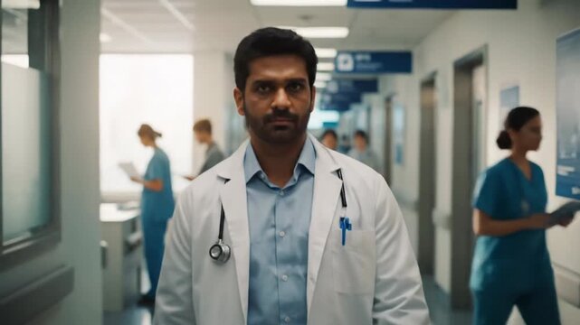 Confident Indian Male Doctor Walking Through Hospital Corridor