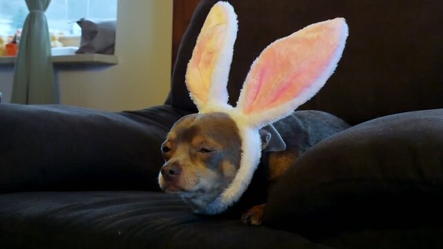 Funny dog wearing Easter bunny ears on sofa