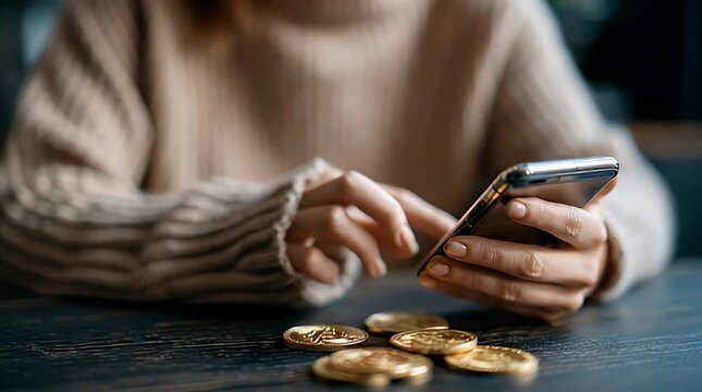 Hands holding smartphone with cryptocurrency coins scattered on table
