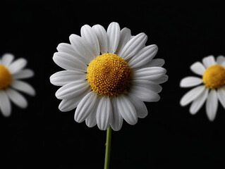Striking close up photograph featuring a single brilliant white daisy flower with a textured bright yellow center standing out sharply against a deep black background showing two other blurry blooms.