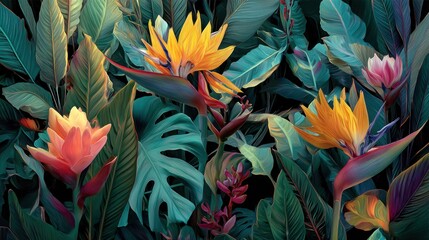 Vibrant tropical foliage and flowers, featuring vivid yellow and orange bird-of-paradise flowers, lush teal leaves, and pops of pink and red