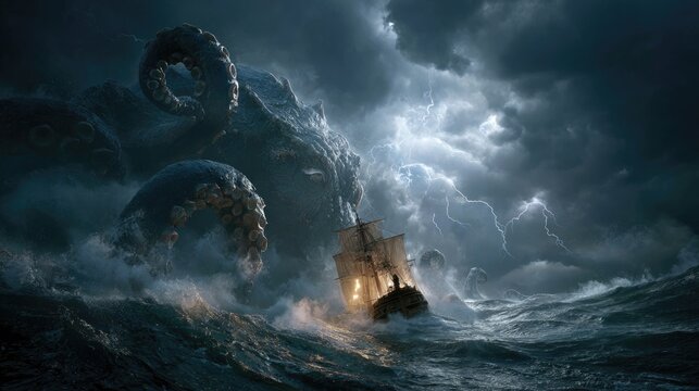 Mythical Kraken Wrapping Massive Tentacles Around Ship During Violent Sea Storm
