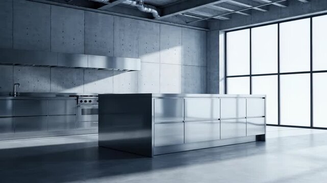 Industrial Kitchen Serenity Steel Island  Concrete in Bright Sunlight.