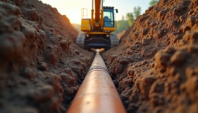 Excavator digs trench for pipe laying. Heavy machine operates on construction site. Worker installs underground utility line. Earthwork progress with heavy vehicle. Pipeline construction begins.