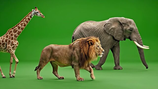 African animals Lion with Elephant, and Giraffe stride on green background.