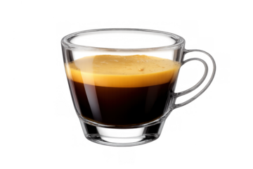 Espresso shot in clear glass mug, rich coffee crema on dark beverage with transparent background