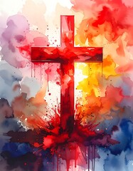 Red cross watercolor painting surrounded by colorful splashes of blue, yellow, orange, purple and red