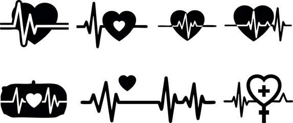 Heartbeat pulse icons with heart shapes and medical symbols vector set 