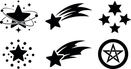 Abstract black star icons with cosmic and shooting star designs vector set 
