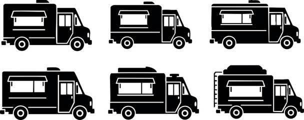 Black silhouette camper van vector set with different side views and window positions 