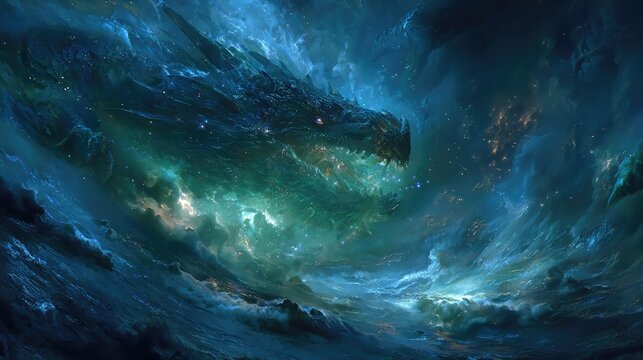 Tiamat Babylonian Sea Dragon Rising from Chaotic Stormy Ocean

