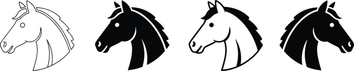 Set of four minimalist horse head icons featuring black and white solid and outline variations for equestrian sports branding and logo design