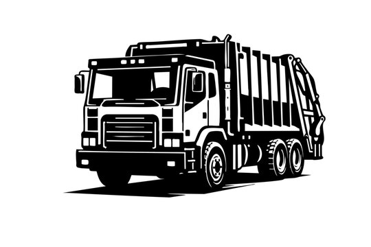 Solid black and white vector illustration of a modern garbage truck driving forward