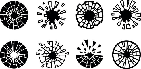 Broken glass cracks vector icons with various shattered patterns in black and white design 