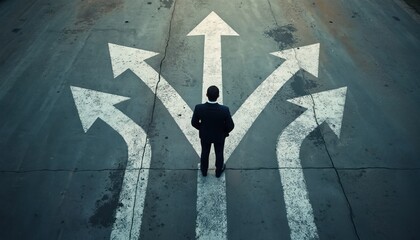 Man in suit stands at crossroads with arrows pointing many ways. He contemplates future path choice. Business strategy, planning, options for success.