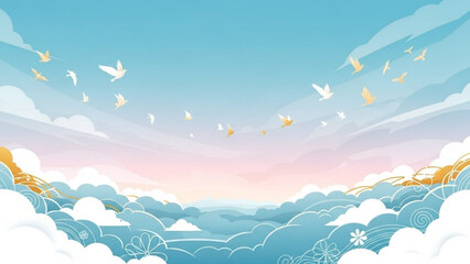 Serene landscape with white and yellow birds flying in blue sky with pink sunset and fluffy clouds
