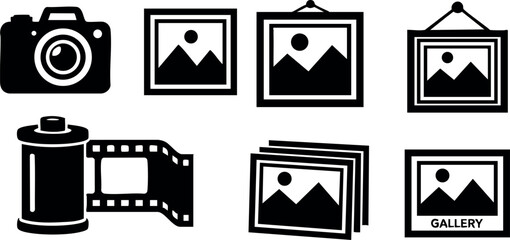 Photography and photo gallery icon set with camera film roll and framed pictures vector illustration 