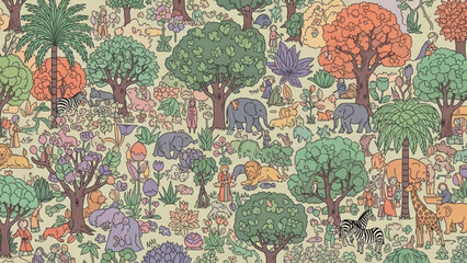 Fototapeta premium Vibrant jungle scene with diverse wildlife, lush greenery, exotic trees, and people in a colorful