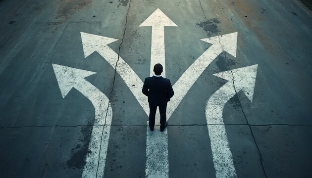 Man in suit stands at crossroads with arrows pointing many ways. He contemplates future path choice. Business strategy, planning, options for success.