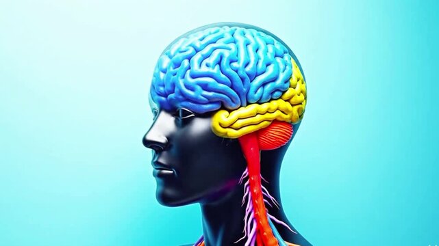 A video showcasing a human brain with colorful sections on a blue background, where the brain&rsquo;s colors are automatically changing.