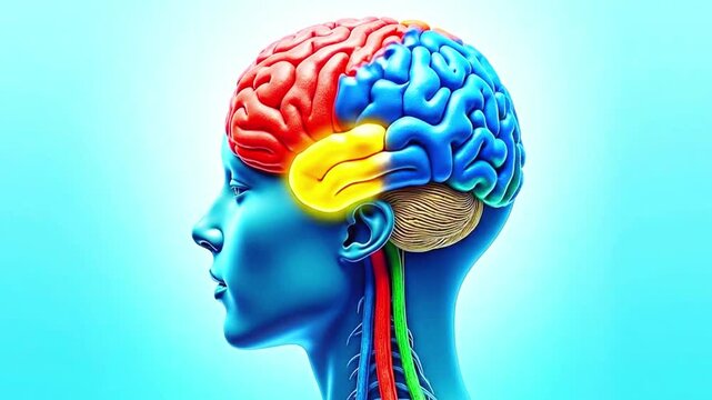 A video showcasing a human brain with colorful sections on a blue background, where the brain&rsquo;s colors are automatically changing.