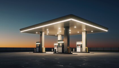 Minimalist gas station with glowing pump lights in a warm evening setting, no vehicles or people, creating a cinematic, quiet atmosphere with clean lines and moody lighting.
