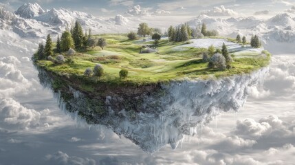 A vibrant, floating island, lush with greenery and trees, hovers amidst fluffy clouds. Snowy mountain peaks form the distant background