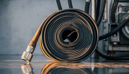 Heavy-duty diesel fuel hose coiled neatly beside an industrial pump, showing rugged materials and detailed textures, representing industrial energy, refueling equipment, and durable infrastructure.