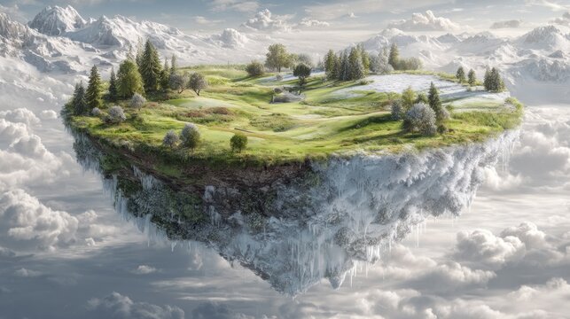 A vibrant, floating island, lush with greenery and trees, hovers amidst fluffy clouds. Snowy mountain peaks form the distant background