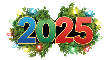 Celebratory 2025 Wreath with Colorful Lights and Greenery