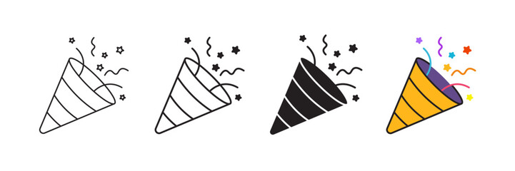 Set of minimalist confetti popper icons with transparent background, depicting party celebration, festive events, joy, and success, vector illustration