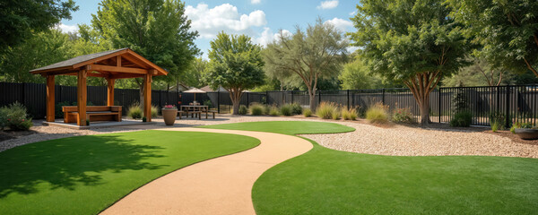 Obraz premium Wooden gazebo and picnic table in green grassy yard. Winding pathway leads through landscaped area. Tall trees and black fence surround outdoor space. Bright sunny day with blue sky.