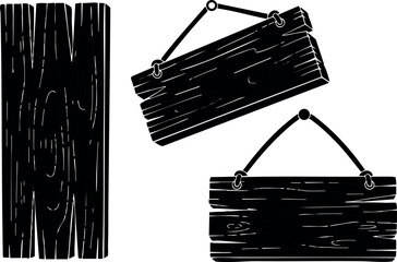 Rustic wooden signboard vector illustration with hanging wood plank signs black and white 