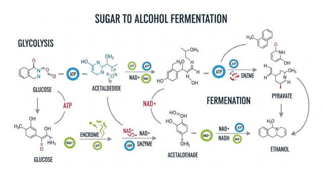 Sugar to alcohol fermentation process biochemical pathway diagram with glycolysis and fermentation with ATP