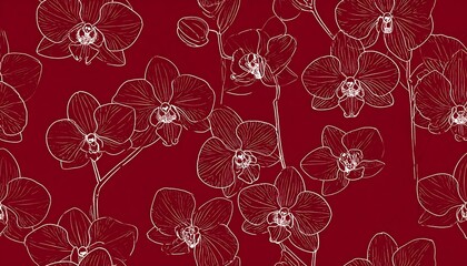 Repeating pattern of sketched orchids with fine white outlines against a deep maroon background