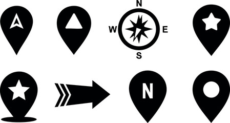 Black Location Pins and Compass Rose Vector Icons for Navigation and Mapping Design 